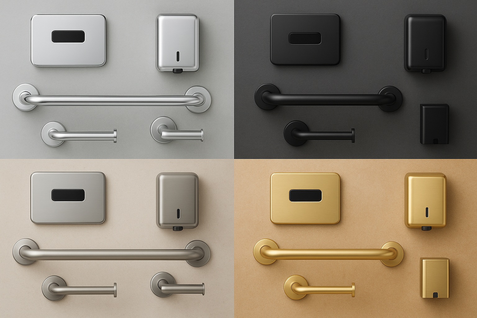 Finish board showing urinal flush plates, grab bars, toilet paper holders, and soap dispensers in coordinated finishes